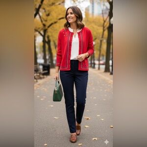 Vintage Chico's Size 3 Red Sweater Cardigan Floral Embroidered Details Size XL